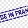 MADE IN FRANCE stamp seal print with grunge style and double framed rectangle shape. Stamp is placed on a transparent background. Blue vector rubber print of MADE IN FRANCE label with grunge texture.